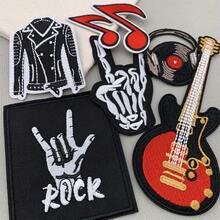6片朋克摇滚刺绣熨烫贴片，复古音乐主题元素，适用于服装、帽子、鞋子、行李箱、T恤、夹克等，包含摇滚手势、吉他、夹克、音乐符号等图案。 - C - 查看 4