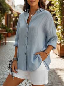 Women's Lightweight Long-Sleeved Blouse, Casual Summer Shirt - Xanh dương 1 - Xem 2