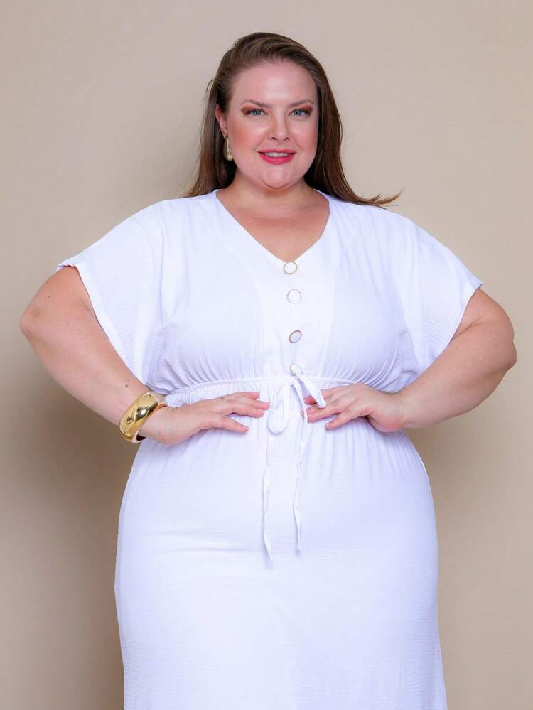 Batwing Dress Plus Size Midi Short Sleeve Duna Fabric Size U/G1 Fits Sizes 44 To 50 With Front Buttons Elegant Fashion Simple Casual Stylish Party Hem With Ruffle Buttons At The Front Knot Wedding - White-lined - View 2