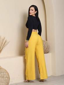Women's Wide Leg Cargo Pants, High Waist, Tailored, Marrant Style, Palazzo Pants With 4 Utility Pockets, Premium Streetwear - 黃色 - 查看 2