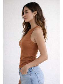Women's Basic Ribbed Premium Sleeveless Tank Top, Comfortable, Fitted To The Body, Casual, Gym, Everyday, Women's Fashion - 駝色 - 查看 2