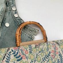 Countryside Style Linen Tote Bag, Bamboo Handle Large Capacity Tote Bag, New Spring/Summer Retro Jacquard Bamboo Handle Linen Texture Commuter Bag - Multicolor - View 4