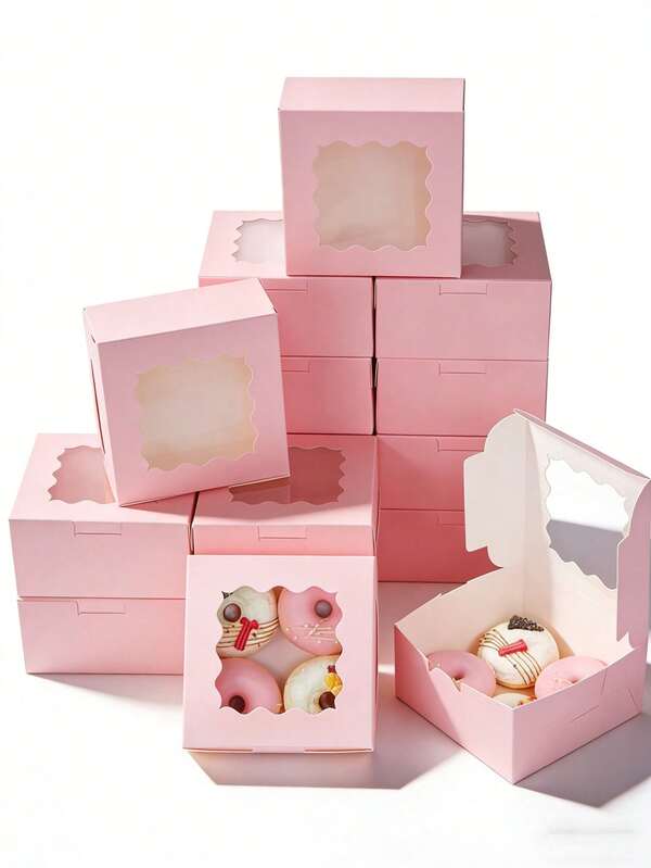 10/5PCS/1PC/Pink Cookie Tin With A Clear Window, 4x4x2.5 Inch Mini Baking Tin, Perfect For Holding Desserts, Chocolate Strawberry Donuts, And Party Favors. Suitable For Valentine's Day, Weddings, And Birthdays.