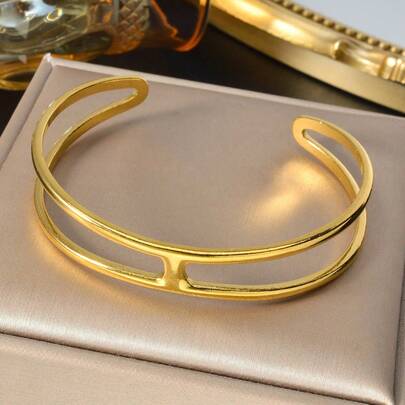 1pc Simple Fashionable 18k Gold-Plated Double-Layer H-Shaped Stainless Steel Bracelet With Sturdy Design, Casual Style, Women Daily Fashion Versatile Jewelry
