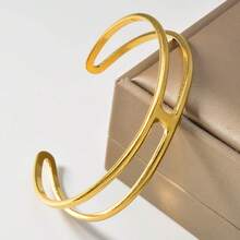 1件简约时尚18k镀金双层H形不锈钢手链，设计坚固，休闲风格，女士日常时尚百搭饰品 - 金色 - 查看 6