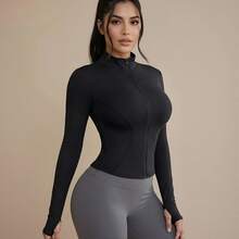 LKZ 女士纯色立领运动夹克，轻质全拉链瑜伽夹克适合户外跑步，修身设计带拇指孔，适合室内/户外运动 - 健身房锻炼 - 黑色 - 查看 1