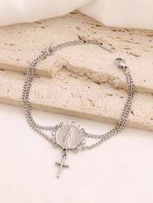1pc Stainless Steel Virgin Mary Pendant Bracelet Fashion Gold Cross Charms Double Layer Chain Bracelets For Women Jewelry - Bracelet - View 3
