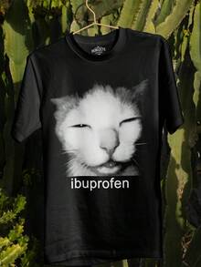 Printed T-Shirt With Cat Ibrupofen Medication Meme Funny Cute Psychologist Psychiatrist 100% Cotton Unisex Plus Size Blouse T-Shirt Christmas New Year - màu đen - Xem 1