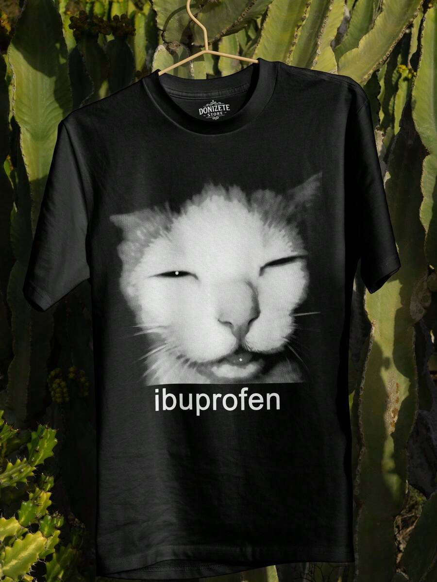 Printed T-Shirt With Cat Ibrupofen Medication Meme Funny Cute Psychologist Psychiatrist 100% Cotton Unisex Plus Size Blouse T-Shirt Christmas New Year - màu đen - Xem 1