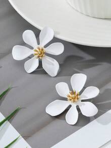 一对夏季度假风白色花朵彩绘耳环，适合女士海滩旅行、日常佩戴、约会、旅行。 - 白色 - 查看 1