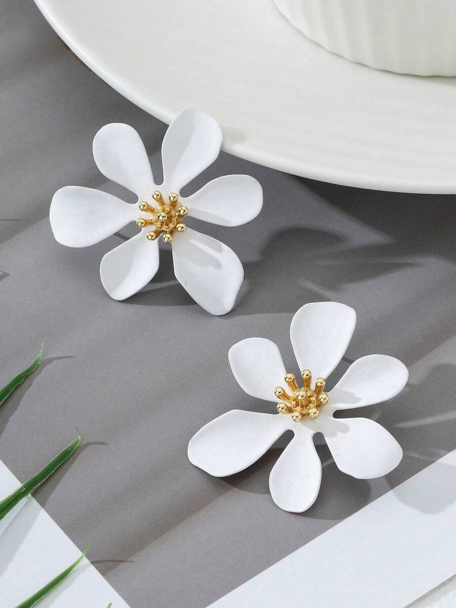 一对夏季度假风白色花朵彩绘耳环，适合女士海滩旅行、日常佩戴、约会、旅行。 - 白色 - 查看 1