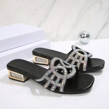 1 Pair Fashion Chunky Heel, Square Toe High Heel Shoes, Sexy Summer Party Slide Sandals - Black - View 3
