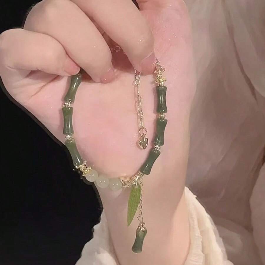 Elegant Glass Bead Bamboo Bracelet With Gold-Tone Accents - No Plating, Versatile Fashion Jewelry, Ideal For Daily Wear & Gifting, Fits All Seasons, Perfect For Valentine's Day - Multicolor - View 1
