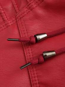 女士红色PU皮连帽夹克，可拆卸帽子，休闲外套，适合旅行和机场穿着。 - 紅色 - 查看 6