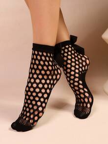 1双女士蕾丝短袜，女士蝴蝶结中筒袜，花卉图案丝袜 - 黑色 - 查看 2