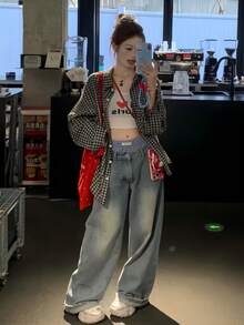 Spring/Summer Korean Retro Red Plaid Loose Casual Collared Shirt For Women Black - Black - View 7