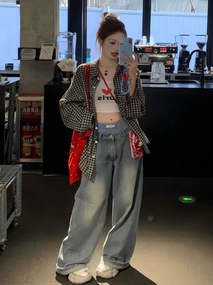 春夏 韓国レトロ レッドチェック ルーズカジュアル カラーシャツ レディース ブラック - ブラック - 見る 7