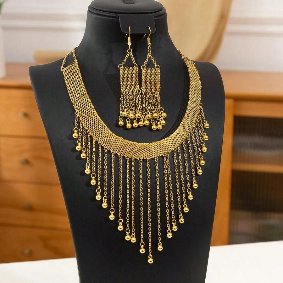 Middle Eastern Popular Bridal Necklace And Earring Set, Double-Layer Pendant, Hollow Pattern Engraved Gold-Plated Metal Jewelry Combination, Traditional Algerian Jewelry - TL001 - View 1