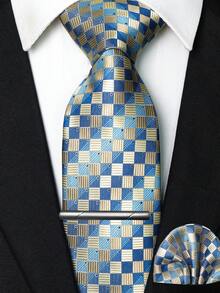 1/2/3/4/5 Pcs Men's Blue Plaid Necktie, Pocket Square, Silver Tie Clip, Cufflinks And Lapel Pin Combination Set, For Workplace, Business, Meetings, Weddings - Baby Blue - View 14