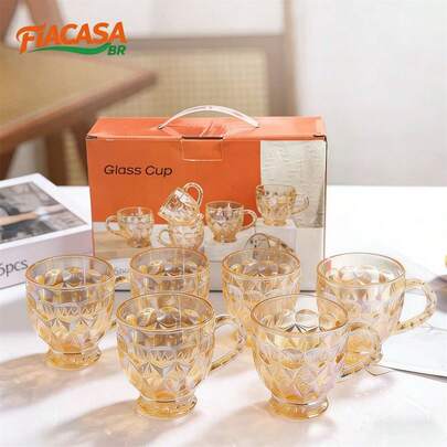 Jogo 6 Peças Xícaras de Chá e Café 260ml Âmbar Cristal com Borda Dourada Luxo