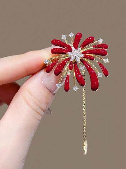 1pc Red Firework Tassel Brooch, Elegant Chic Versatile Fashion Accessory