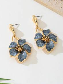 1 Pair Elegant Gray-Blue Enamel Five-Petal Flower Pendant Earrings, Suitable For Women's Daily Wear, Dates, Vacations - Versatile Matching - Gray Blue - View 4