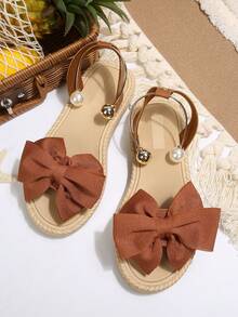 Sandal đế bằng thời trang mềm mại, màu trơn, kiểu nơ, thích hợp cho nữ đi biển hoặc du lịch. - màu nâu - Xem 2