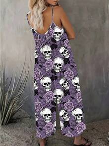 Skull Print Suspender Jumpsuit, Casual Pleated Sleeveless Pocket Jumpsuit, Women's Clothing - Phong cách - Xem 4