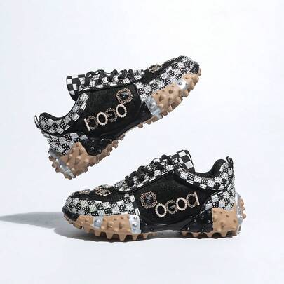 Zapatillas deportivas casuales de mujer con letras, rhinestones, brillo y cuadros de colores