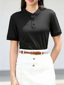 女士夏季Polo衫，轻薄短袖T恤，休闲弹力纯色上衣，适合日常外出、办公、聚会和派对，黑色 - 黑色 - 查看 8