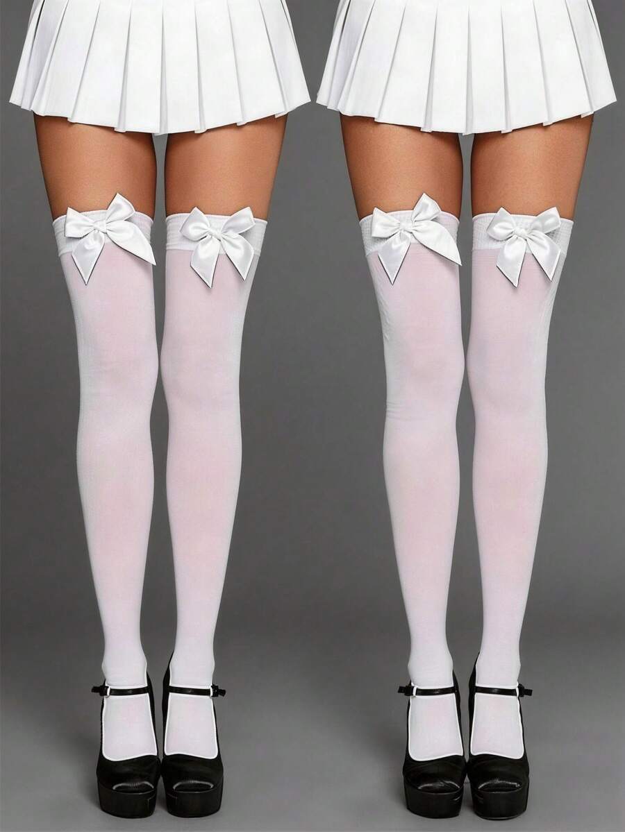 半双装白色女士缎面蝴蝶结装饰不透明过膝长筒袜，适合日常穿着、夏季海滩度假生日派对等场合。 - 彩色 - 查看 1