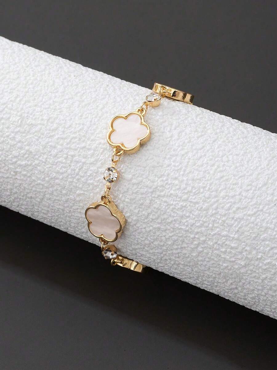 1件装奢华优雅水钻镶嵌甜美幸运白四叶草手链（女士款） - 白色 - 查看 1