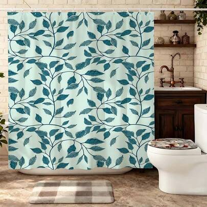 Cortina de ducha con estampado de hojas y enredaderas en color verde azulado, patrón elegante de follaje sobre fondo cian claro, cortina de ducha impermeable de poliéster con ganchos, decoración de baño minimalista y botánica para amantes de la naturaleza, accesorio de baño de estilo moderno y rústico