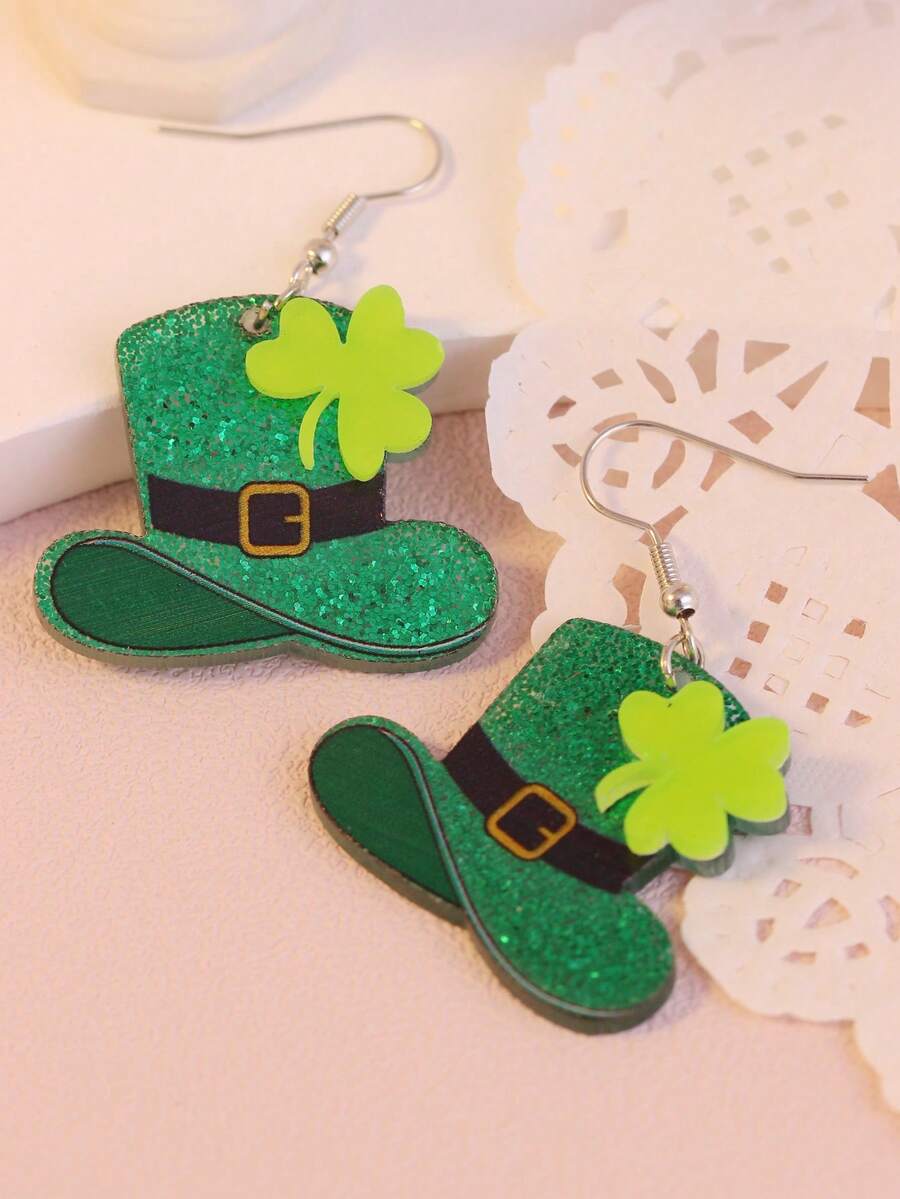 1 par de nuevos pendientes verdes, diseño de sombrero de trébol de acrílico para el Día de San Patricio - Verde - Ver 1