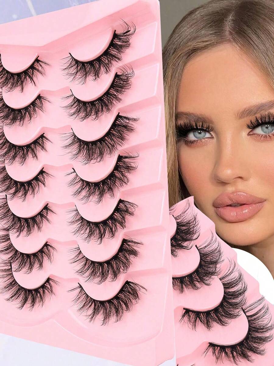 7对轻盈飘逸的仿貂毛假睫毛，打造自然猫眼妆效，纤细浓密，仿貂毛条状假睫毛套装，适合日常妆容。 - 濃密款 - 查看 1