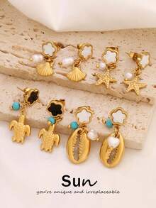 1对不锈钢五叶花耳钉，女士时尚18K PVD镀层设计，珍珠海星贝壳吊坠耳环首饰 - 耳環 - 查看 1