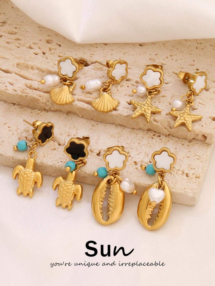 1对不锈钢五叶花耳钉，女士时尚18K PVD镀层设计，珍珠海星贝壳吊坠耳环首饰 - 耳環 - 查看 1