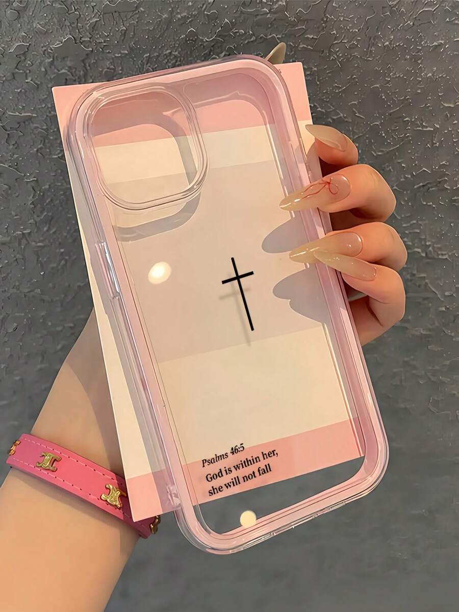 标语 1 件装粉色边框透明极简镜头保护防摔防撞十字架圣经经文图案手机壳,可个性化定制,兼容 16 Pro Max、17/16/15/14 Plus、13/12/11、Air - 彩色 - 查看 1