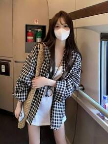 Spring/Summer Korean Retro Red Plaid Loose Casual Collared Shirt For Women Black - Black - View 2