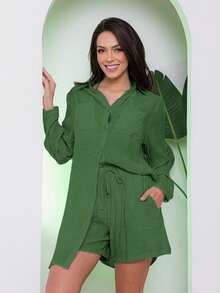 Women's Beach Cover-Up Set: Long-Sleeved Shirt And Shorts - Summer - 深綠色 - 查看 2