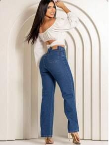 Women's Wide-Leg Jeans, Medium Blue, 100% Cotton. - 中藍色 - 查看 3