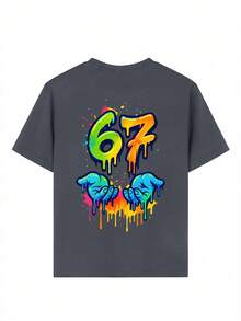 Tween Boy Colorful Creative Number 67 Print T-Shirt, Suitable For Casual, Streetwear, School, Events, Fashionable Boys' Summer Top - Dark Grey - View 8