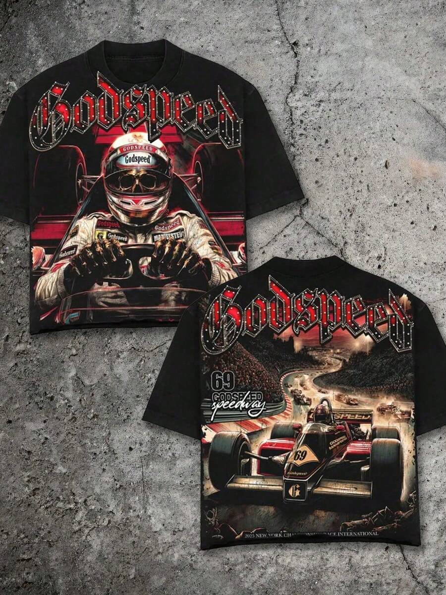 Boy's T-Shirt Y2K With Godspeed Racing Skull Double-Sided Print Boy's Summer Round Neck Short Sleeved Casual Cotton Print T-Shirt - 黑色 - 查看 1