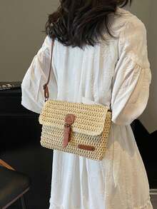 New Fashion Straw Bag, Shoulder Crossbody Bag, Versatile Stylish Straw Saddle Bag For Women - Beige - View 4