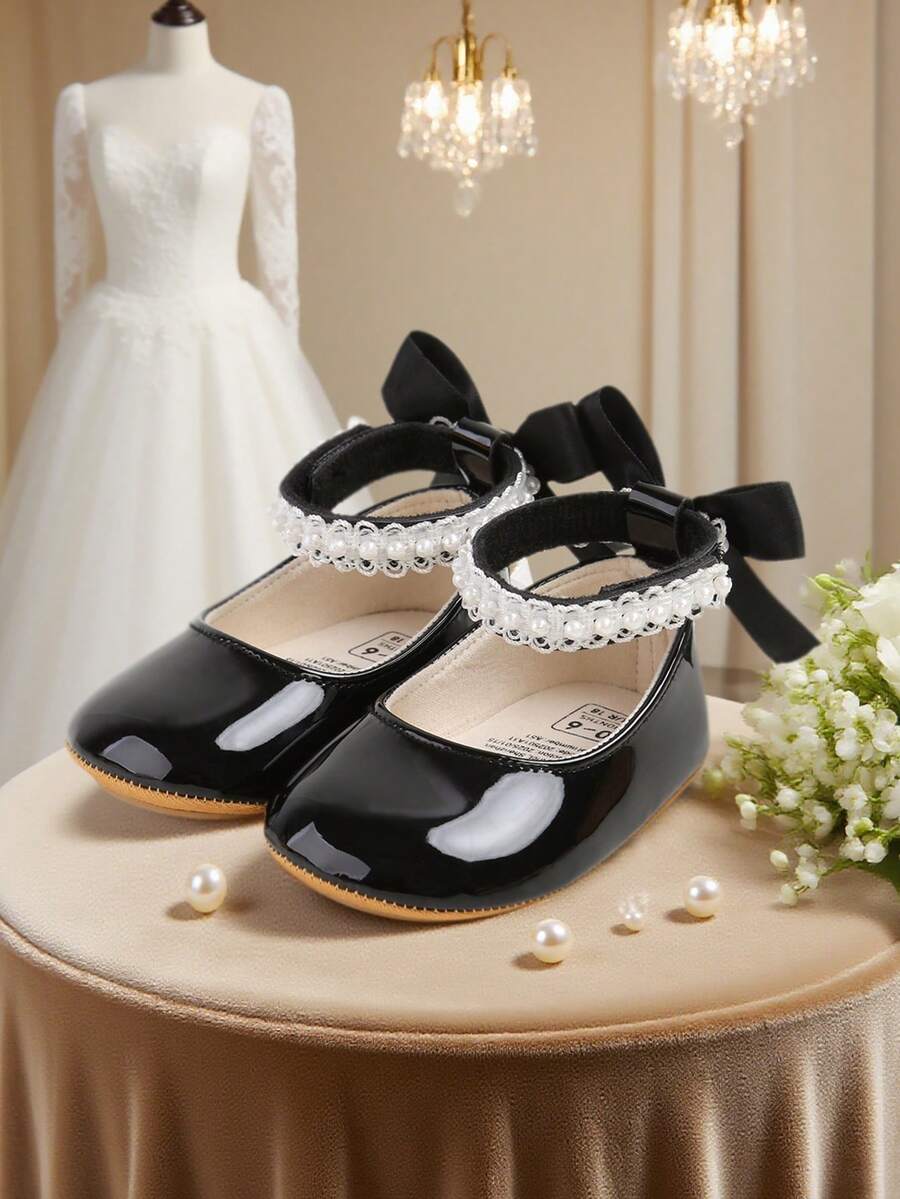Newborn Infant Girls' Mary Jane Flats With Bow, Non-Slip Soft Bottom PU Leather Infant Prewalker Shoes With Pearl Ribbon