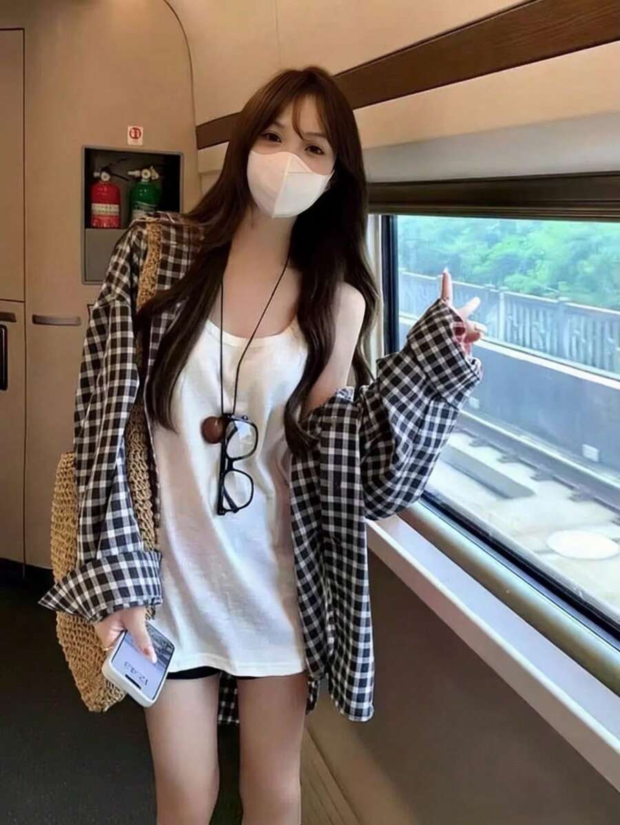 Spring/Summer Korean Retro Red Plaid Loose Casual Collared Shirt For Women Black - Black - View 1