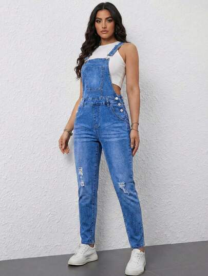 Overol de Mezclilla Casual para Mujer con Corte Skinny, Efecto Desgastado y Tirantes Ajustables QJ558