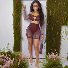 2026 Women's High-End Long-Sleeve Top And High-Waist Hollow-Out Fashion Shorts Set For Outerwear - 深棕色 - 查看 4