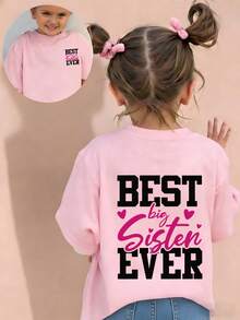 Camiseta de cuello redondo de manga corta con estampado gráfico informal para niña, top de verano - Rosa - Ver 1