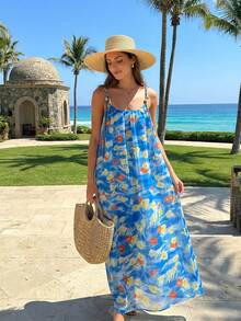 2026 Summer New Arrival French Elegant Gradient Loose Midi Beach Dress, Exclusive Travel Style Spaghetti Strap Dress For Women - Blue - View 2